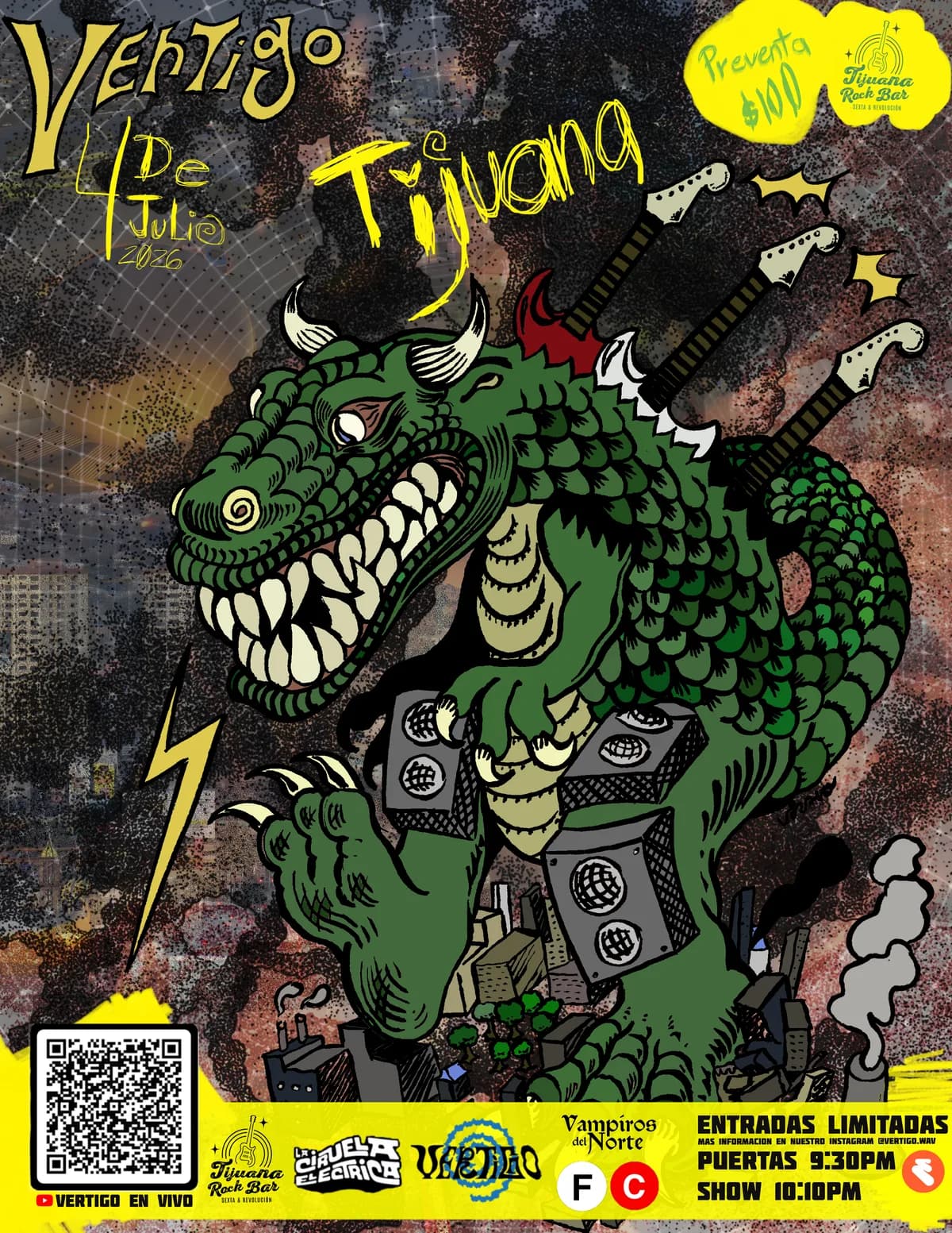 Cartel ilustrado del concierto de Vertigo en Tijuana Rock Bar con un monstruo verde cargando guitarras y amplificadores