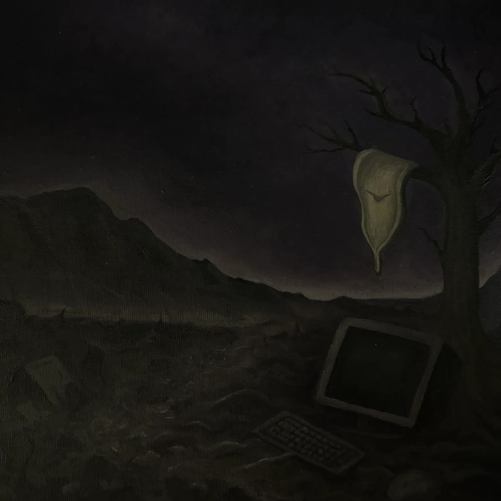 Last Day On Earth album artwork: a dark landscape with an abandoned monitor and a cocoon hanging from a tree
