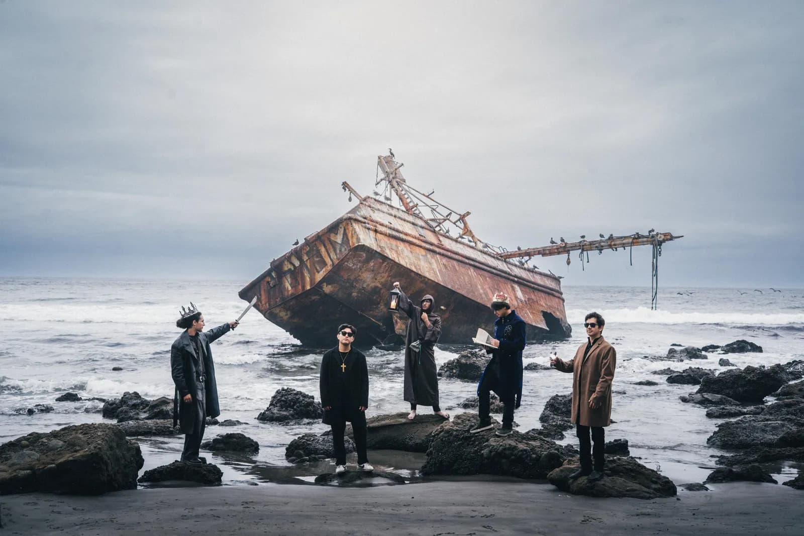 Vertigo standing on a rocky beach beside a shipwreck